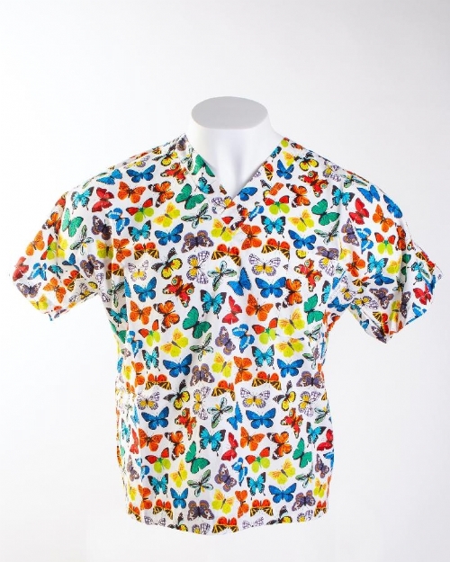 Bonny Butterflies Short Sleeve Scrub Top 100% Cotton