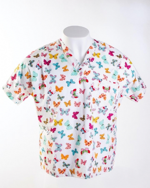 Multi Coloured Butterflies Short Sleeve Scrub Top 100% Cotton