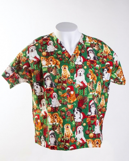 Christmas Dogs Short Sleeve Scrub Top 100% Cotton