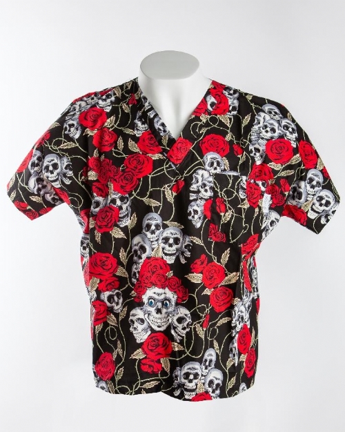 Skull & Rose Halloween Short Sleeve Scrub Top 100% Cotton